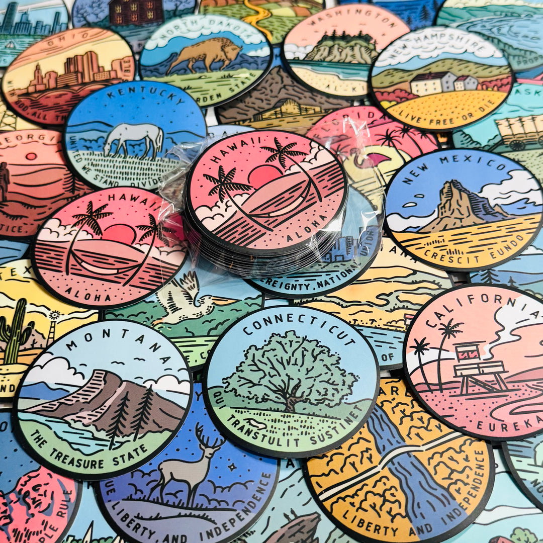 US STATE LANDSCAPE TRAVEL Peelable Stickers for Memory Keeping  ~ 50 Pieces ~ Each Sticker is 2" Diameter