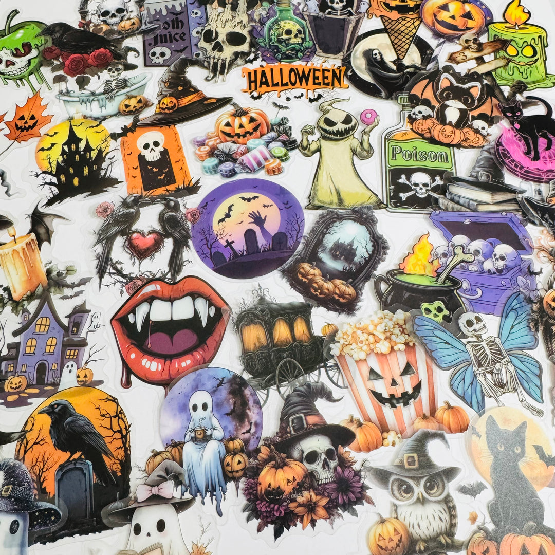 A TASTE OF MACABRE Halloween Peelable PET Stickers  ~ 50 Pieces ~ Each Sticker is 30 - 60mm