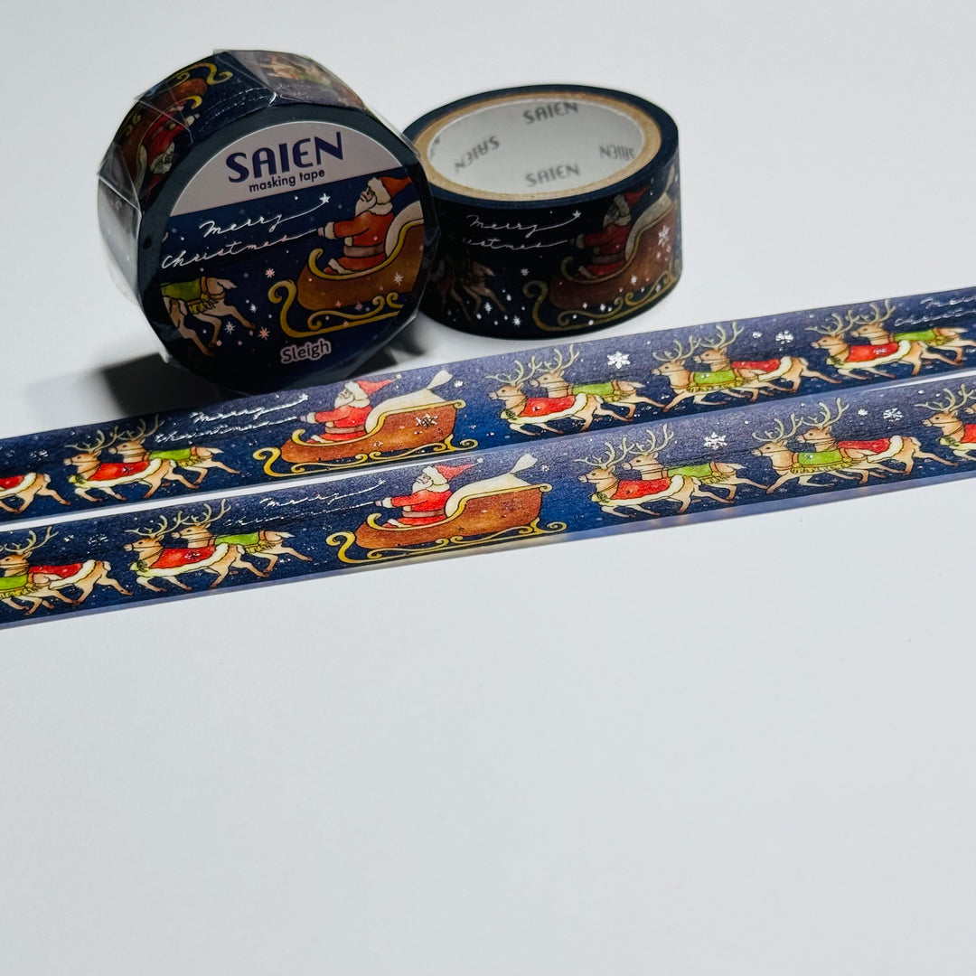 SANTA'S SLEIGH And REINDEERS Christmas Saien Silver Foil Masking Washi Tape ~ 1 Roll ~ 20mm x 5m (16 Feet)