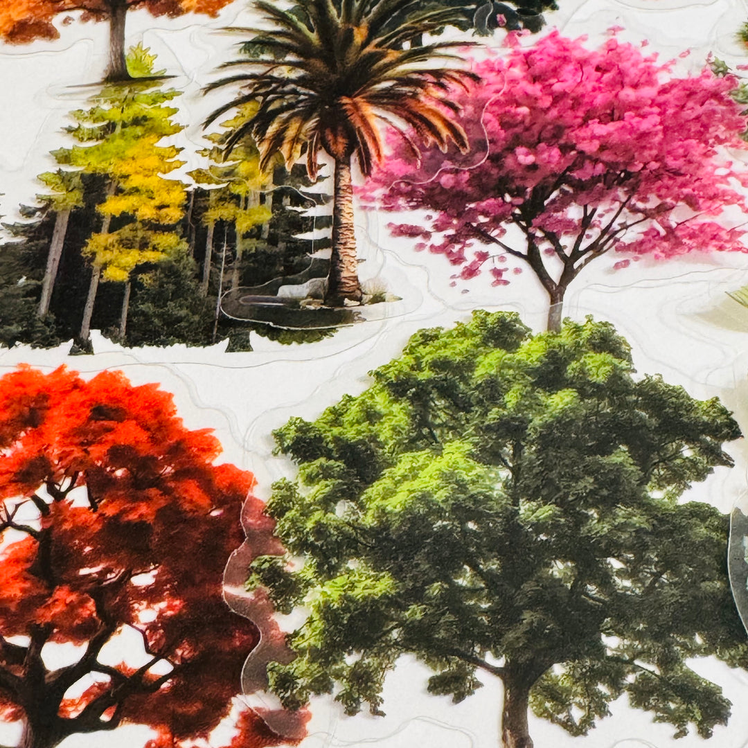 SEASONAL TREES In FULL BLOOM Peelable PET Stickers  ~ 50 Stickers ~ Approximately 2 Inches Each