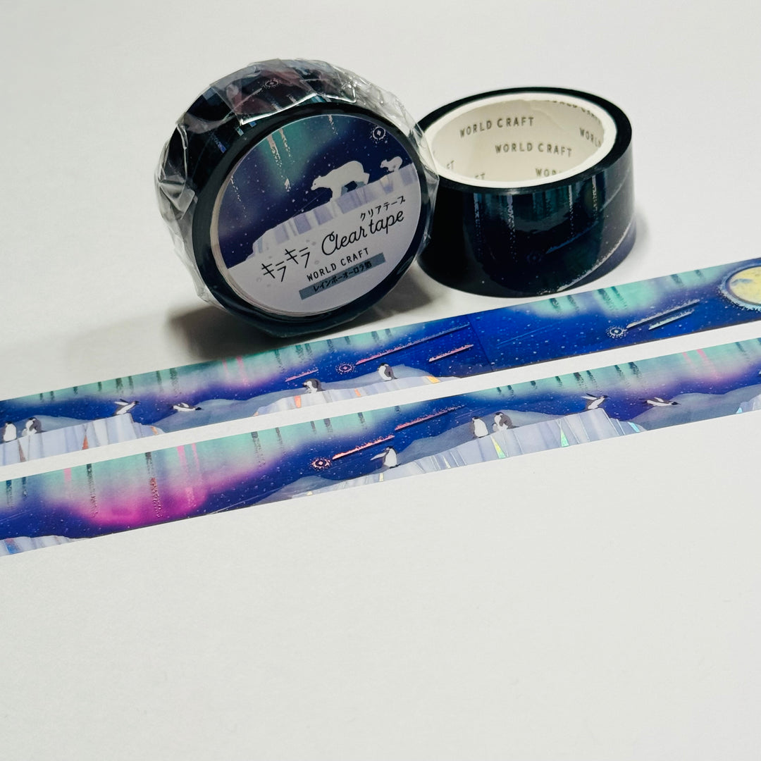 PENGUINS FROLLICKING Watching the Aurora Borealis World Craft PET Washi Tape ~ 1 Roll ~ 20mm x 5m (16 Feet) ~ 1 Roll ~ 20mm x 5m (16 Feet)