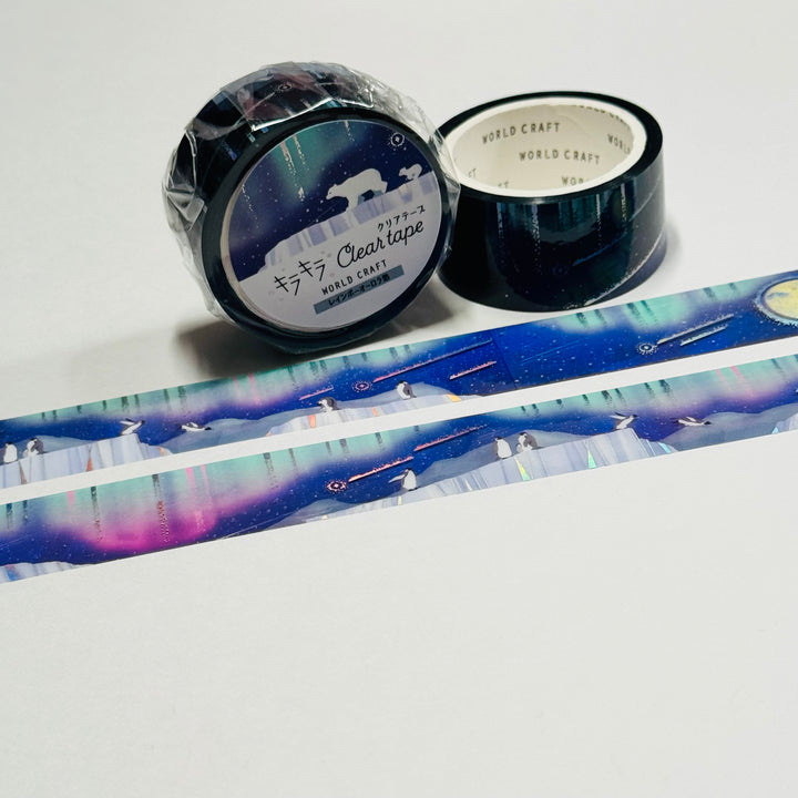 PENGUINS FROLLICKING Watching the Aurora Borealis World Craft PET Washi Tape ~ 1 Roll ~ 20mm x 5m (16 Feet) ~ 1 Roll ~ 20mm x 5m (16 Feet)