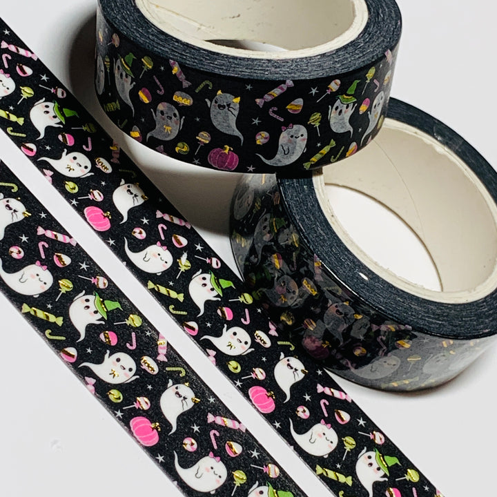 TRICK OR TREATING GHOSTS In Black & Gold Foil Halloween Washi Tape ~ 1 Roll ~ 15mm x 10m (33 Feet)