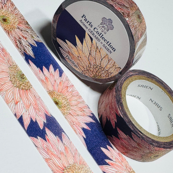 FLORILEGE GOLD FOIL CHRYSANTHEMUM Paris Collection Saien Washi Tape ~ 1 Roll ~ 15mm x 7m (23 Feet)