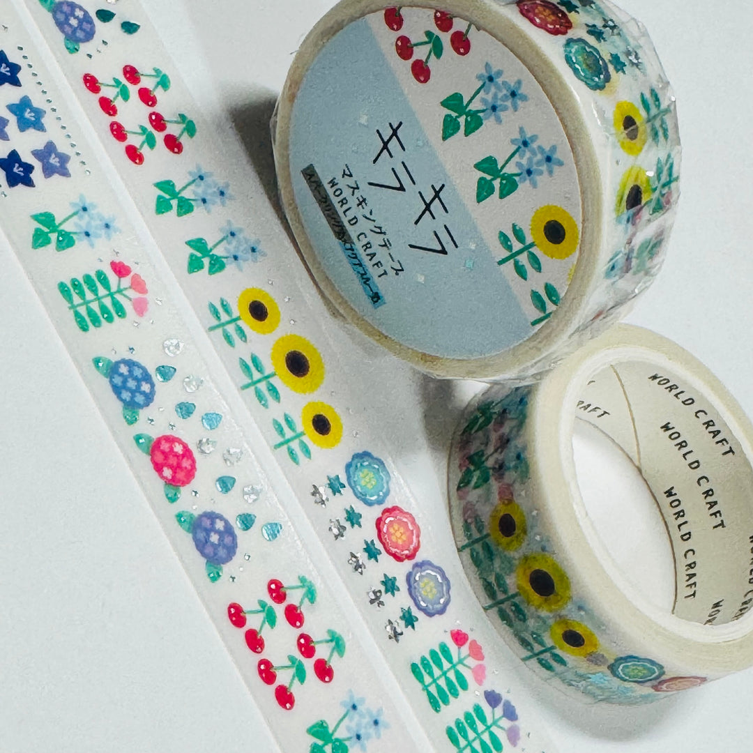 SUMMER BLOSSOMS Silver Accent Flowers World Craft Washi Tape ~ 1 Roll ~ 15mm x 5m (16 Feet)
