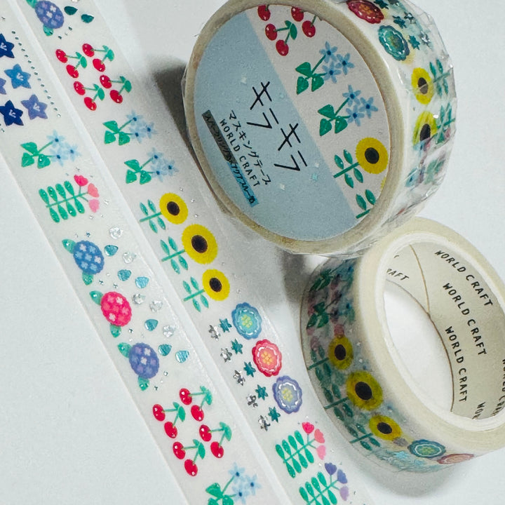SUMMER BLOSSOMS Silver Accent Flowers World Craft Washi Tape ~ 1 Roll ~ 15mm x 5m (16 Feet)