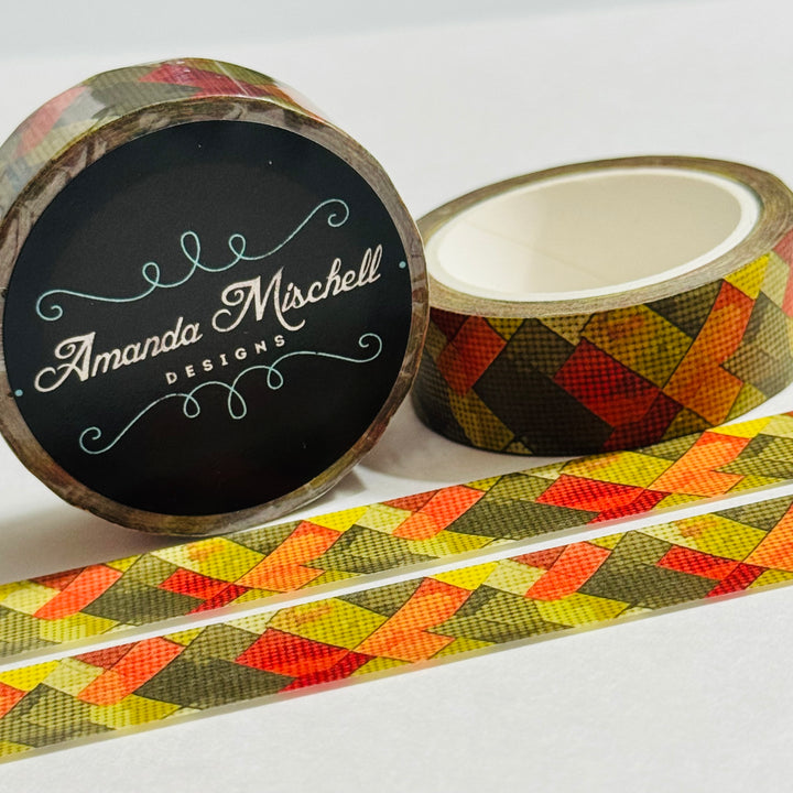 FALL HERRINGBONE PATTERN In Red, Green & Orange Amanda Mischell Washi Tape ~ 1 Roll ~ 15mm x 10m (33 Feet)
