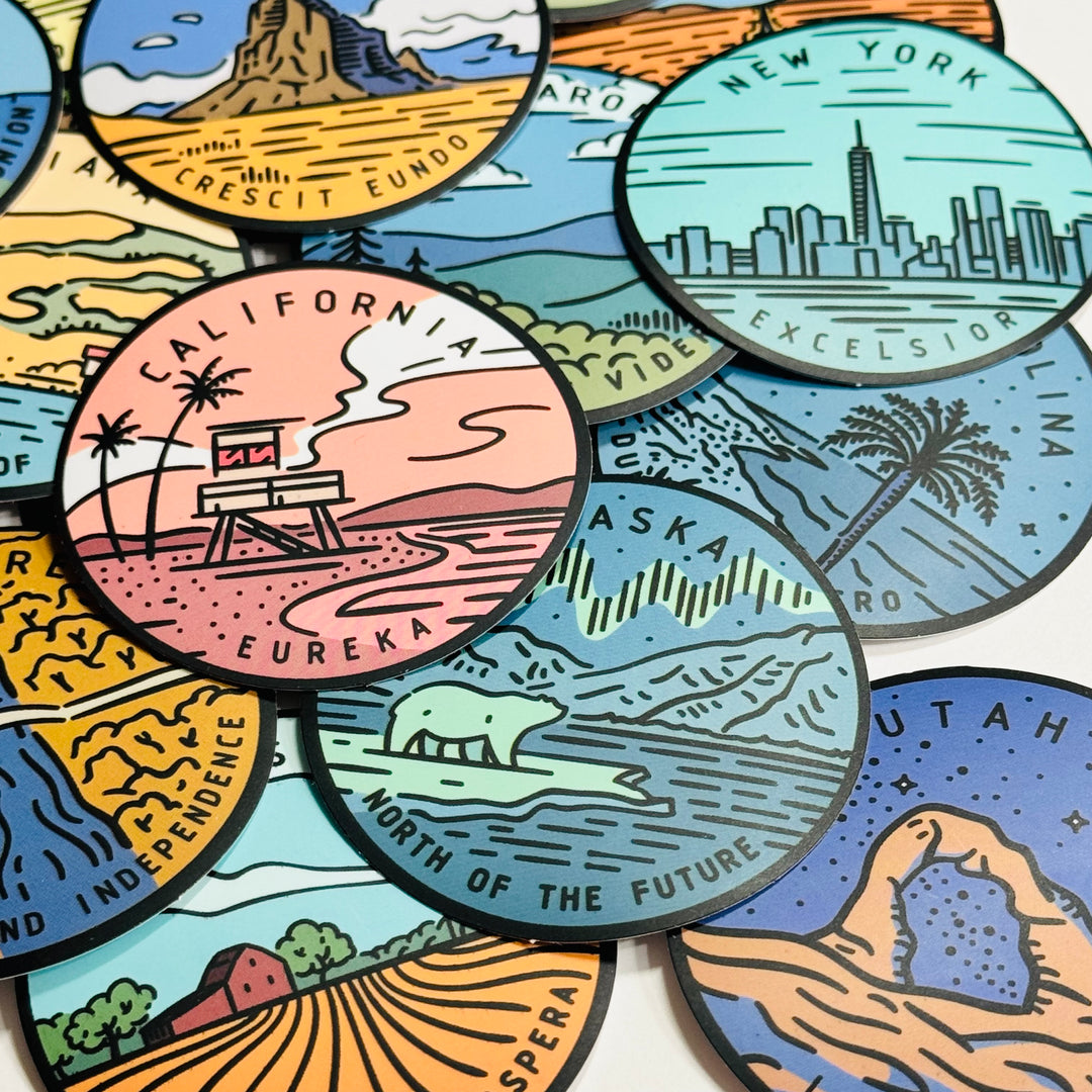 US STATE LANDSCAPE TRAVEL Peelable Stickers for Memory Keeping  ~ 50 Pieces ~ Each Sticker is 2" Diameter