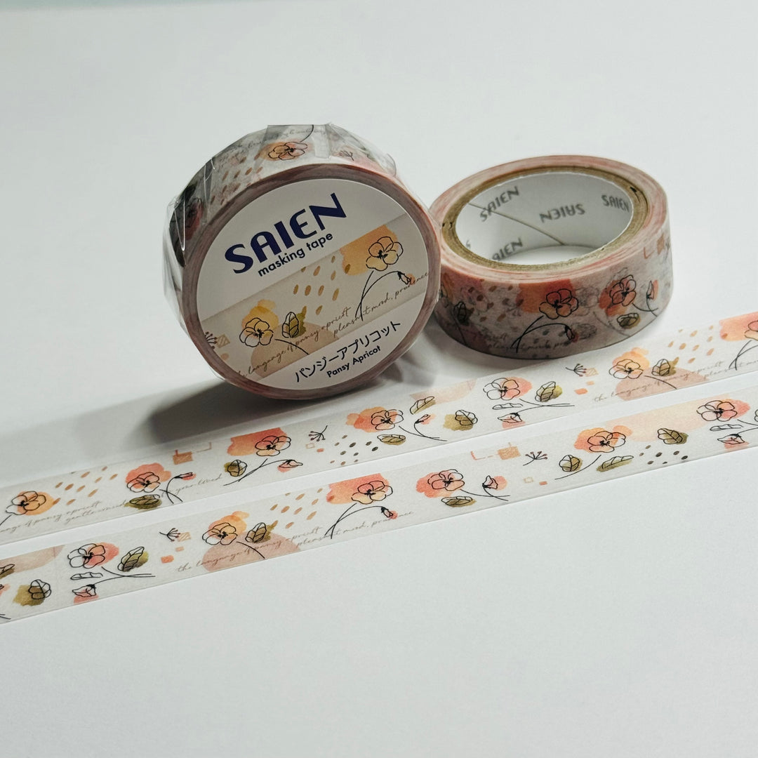 SKETCHED APRICOT PANSIES Floral Saien Masking Washi Tape ~ 1 Roll ~ 15mm x 7m (23 Feet)
