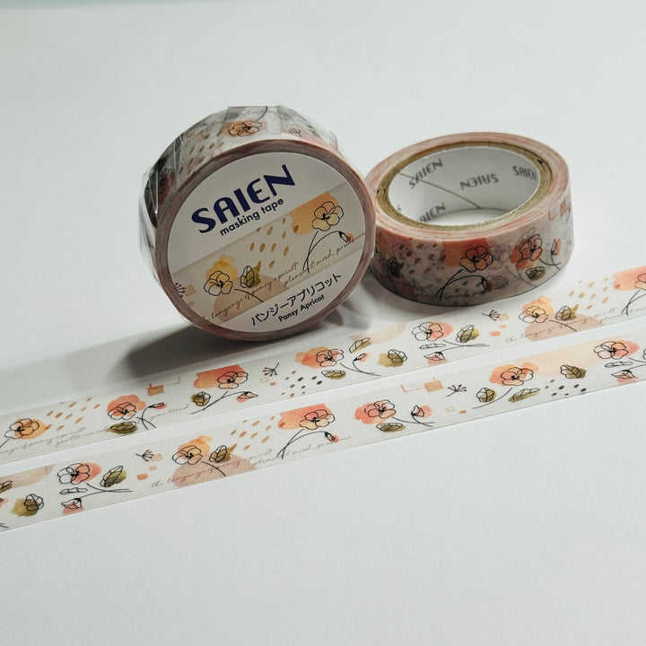 SKETCHED APRICOT PANSIES Floral Saien Masking Washi Tape ~ 1 Roll ~ 15mm x 7m (23 Feet)