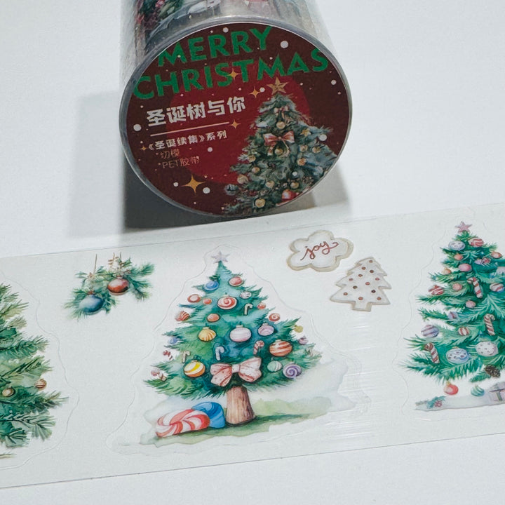 DECORATED CHRISTMAS TREES Pre-Cut PET Washi Tape ~ 1 Roll - 50mm x 2m (7 Feet of Washi Stickers)