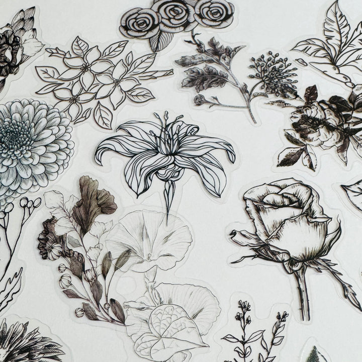 MONOCHROMATIC BLACK SKETCHED Flowers Transparent Peelable Sticker Ephemera Pack ~ 60  Pieces ~ Each Sticker is  20-50mm