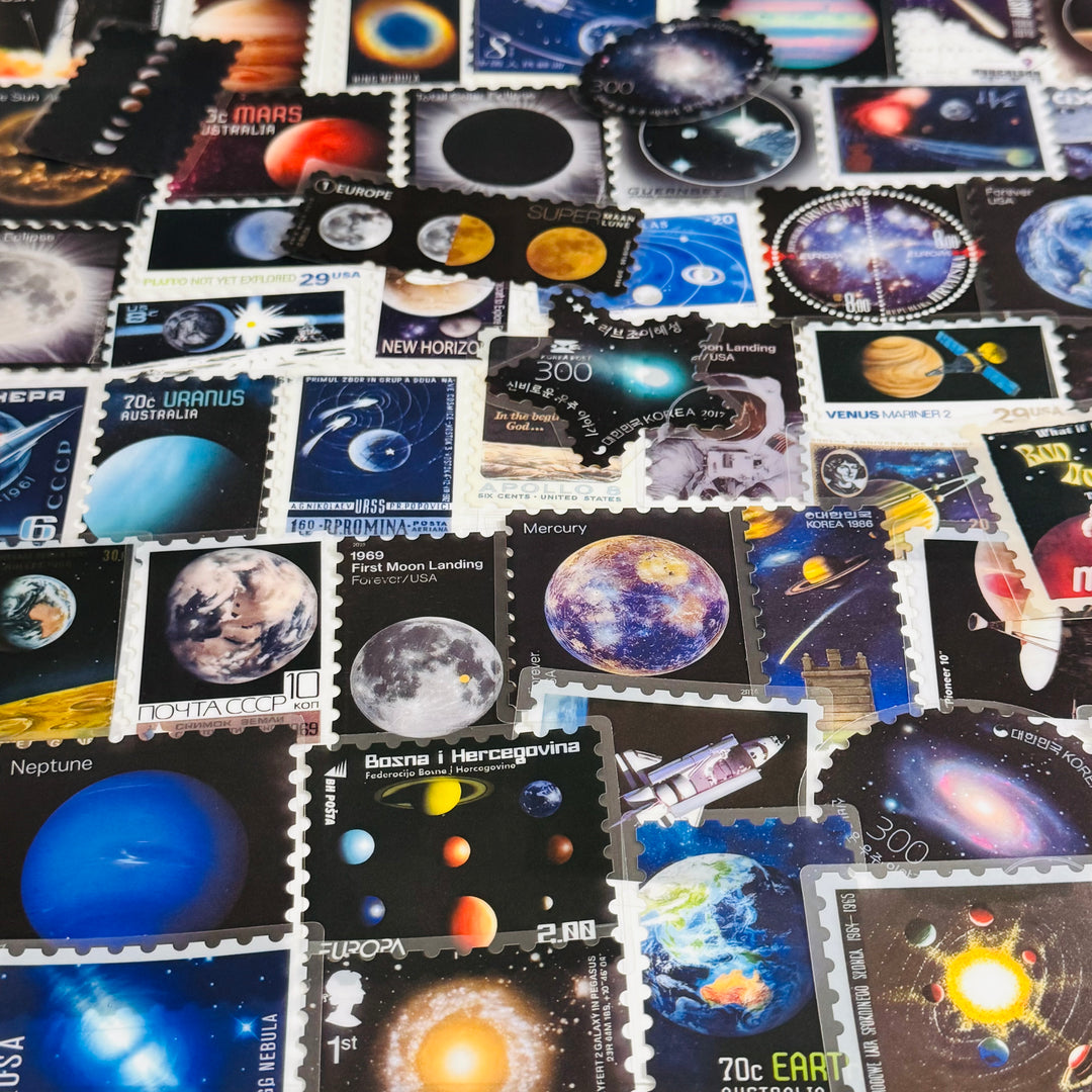 SCIENTIFIC GALAXY NIGHT SKY Space Stamp Peelable PET Stickers  ~ 55 Pieces ~ Approximately 2 Inches Each