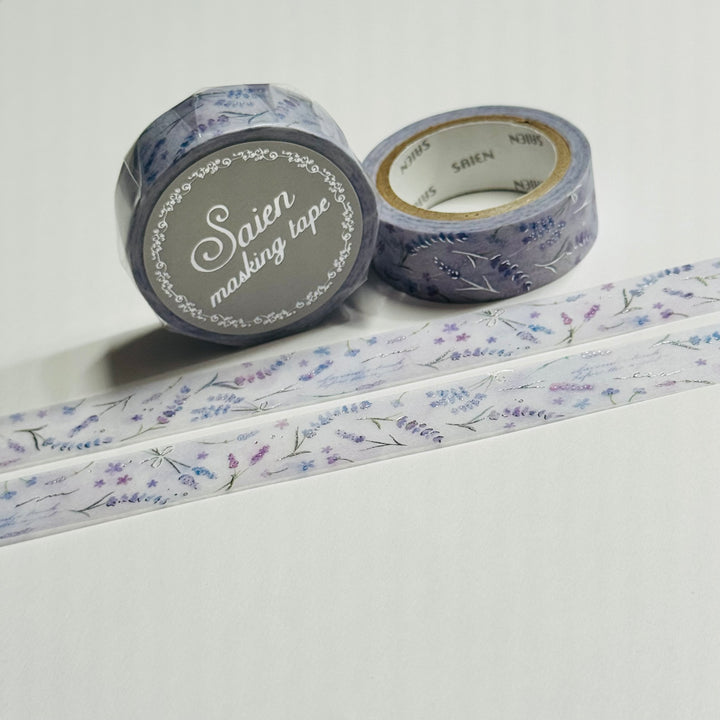 SILVER LAVENDER FLOATING FRONDS Floral Foil Saien Masking Washi Tape ~ 1 Roll ~ 15mm x 7m (23 Feet)