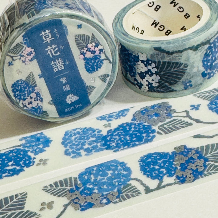 PERIWINKLE BLUE Hydrangeas Silver Foil Washi Tape Designed By BGM ~ 1 Roll ~ 20mm x 5m (16 Feet)