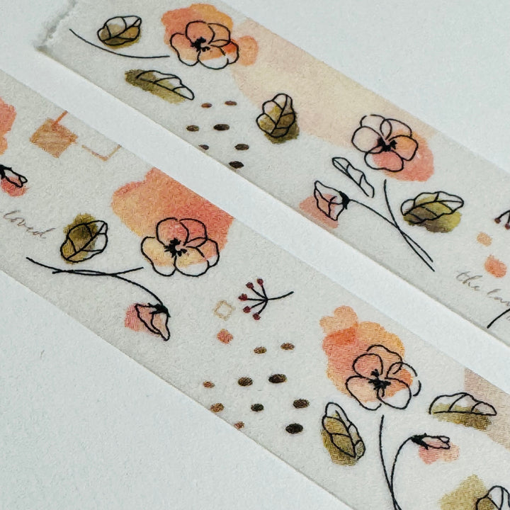 SKETCHED APRICOT PANSIES Floral Saien Masking Washi Tape ~ 1 Roll ~ 15mm x 7m (23 Feet)