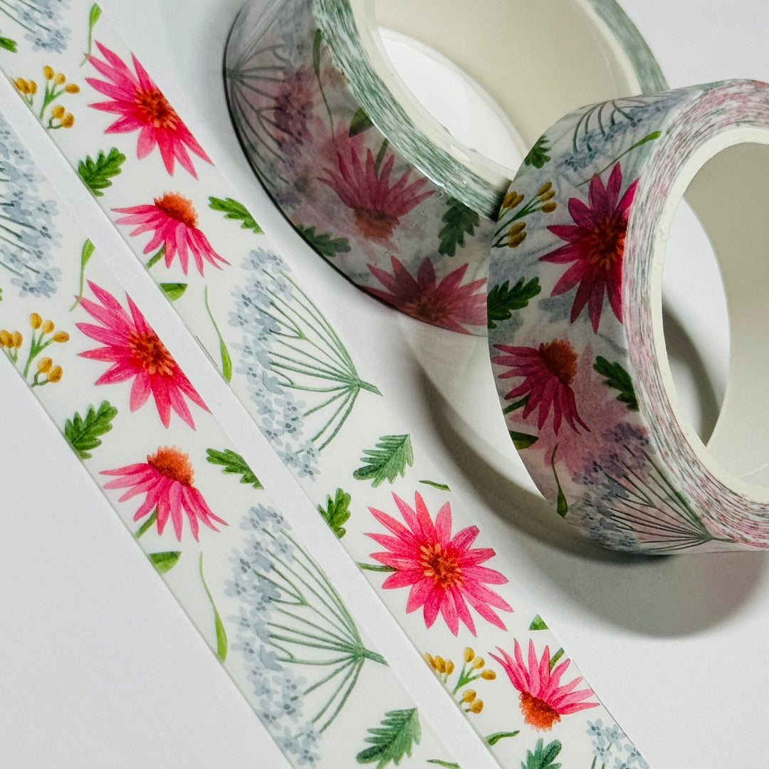 WHITE YARROW & PINK DAISIES FLORAL Washi Tape - 1 Roll - 15mm x 10m (33 Feet)