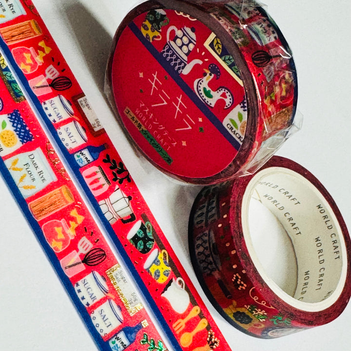 COUNTRY FARMHOUSE KITCHEN Gold Accent Flowers World Craft Washi Tape ~ 1 Roll ~ 15mm x 5m (16 Feet)