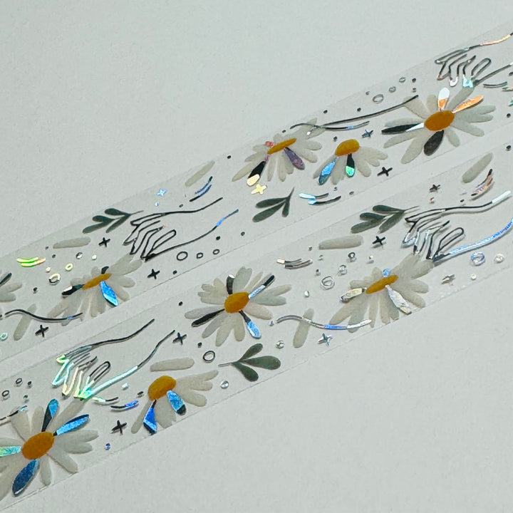 HE LOVES ME LOVES ME NOT Silver Foil Daisies Saien Masking PET Washi Tape ~ 1 Roll ~ 20mm x 3m (10 Feet)