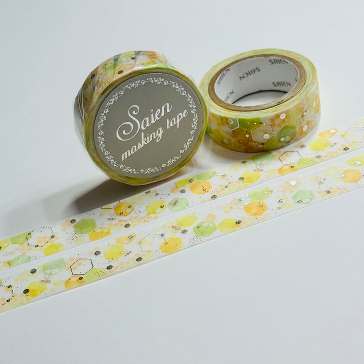 HONEYCOMB & SUN SPOTS Silver Foil Saien Masking Washi Tape ~ 1 Roll ~ 15mm x 7m (23 Feet)