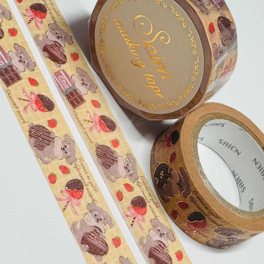 PUPPIES & CHOCOLATE SWEETS Gold Foil Saien Masking Washi Tape ~ 1 Roll ~ 15mm x 7m (23 Feet)