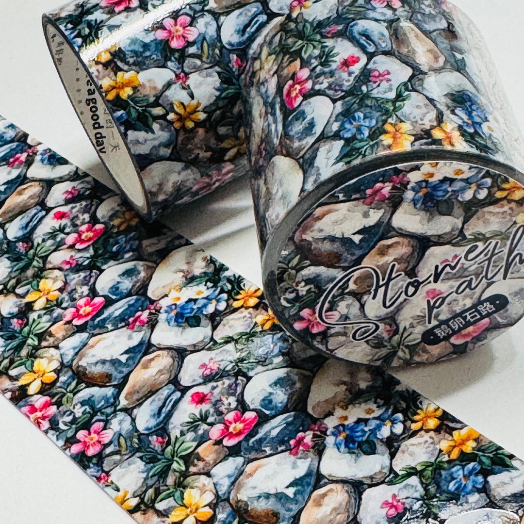 PEBBLES PATHWAY With FLOWERS PET Washi Tape ~ 1 Roll ~ 40mm x 2m (7 Feet)