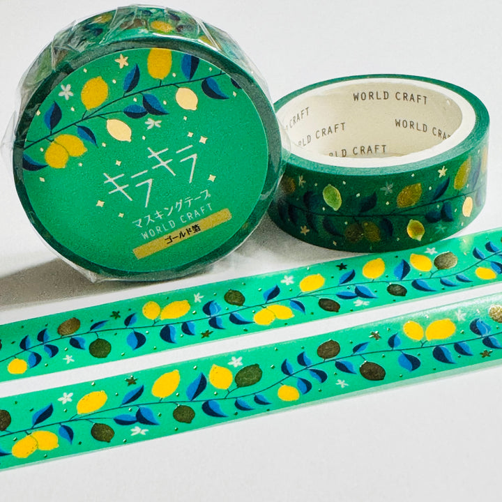 GLAMOROUS LEMON TREE Gold Accent Flowers World Craft Washi Tape ~ 1 Roll ~ 15mm x 5m (16 Feet)
