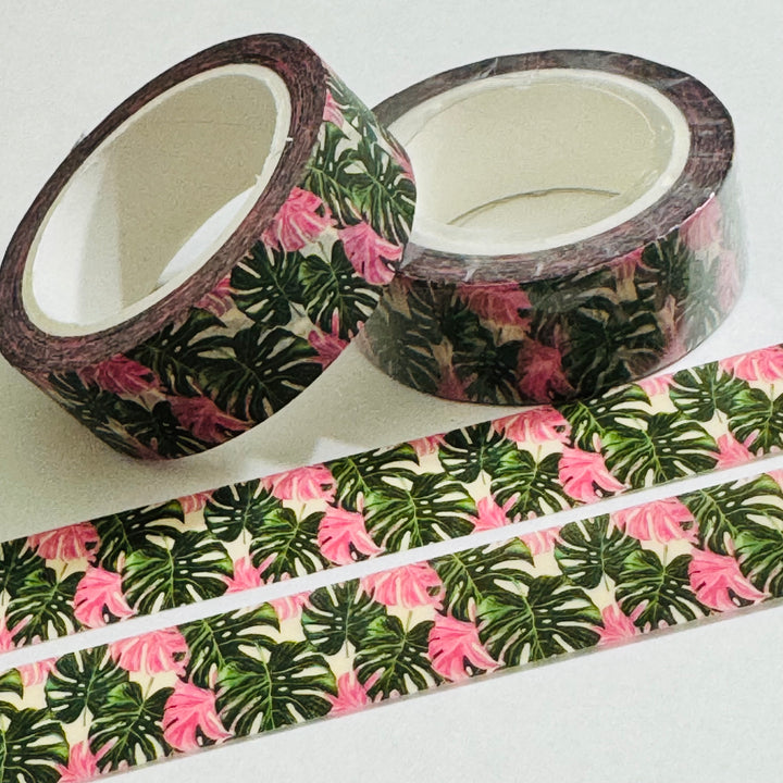 PINK & GREEN TROPICAL Foliage Leaves Washi Tape ~ 1 Roll ~ 15mm x 10m (33 Feet)