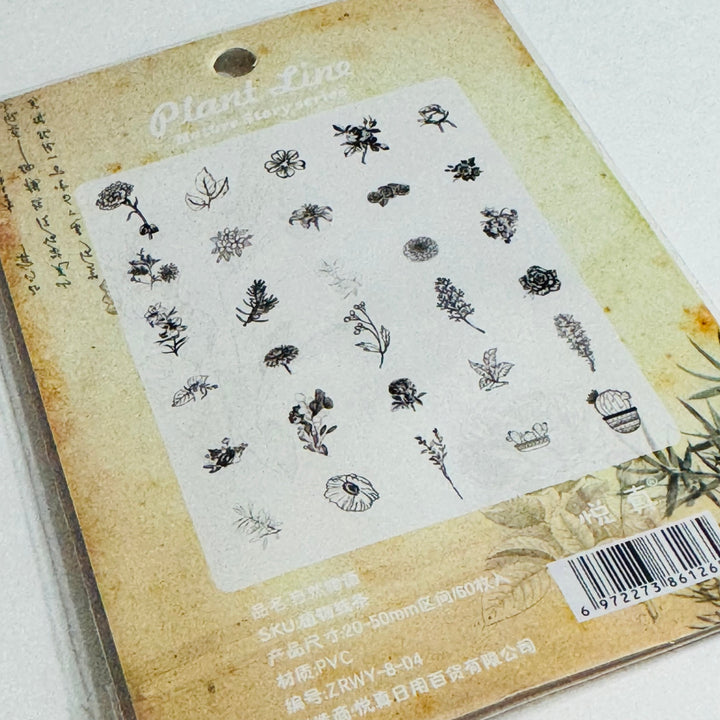 MONOCHROMATIC BLACK SKETCHED Flowers Transparent Peelable Sticker Ephemera Pack ~ 60  Pieces ~ Each Sticker is  20-50mm