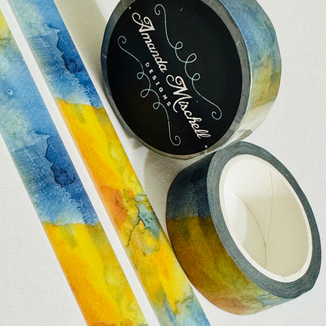 WATERCOLOR BLURRED FLOWERS Blue & Yellow Washi Tape - 1 Roll - 15mm x 10m (33 Feet)