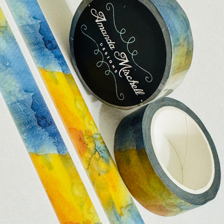WATERCOLOR BLURRED FLOWERS Blue & Yellow Washi Tape - 1 Roll - 15mm x 10m (33 Feet)
