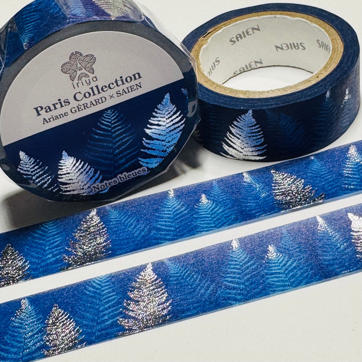 FERNS NOTES BLUES SILVER FOIL LEAVES Paris Collection Saien Washi Tape ~ 1 Roll ~ 15mm x 7m (23 Feet)