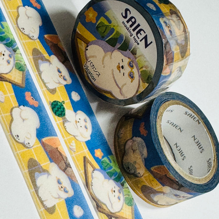 SUNBATHING PUPPIES On VACATION Saien Masking Washi Tape ~ 1 Roll ~ 20mm x 7m (23 Feet)