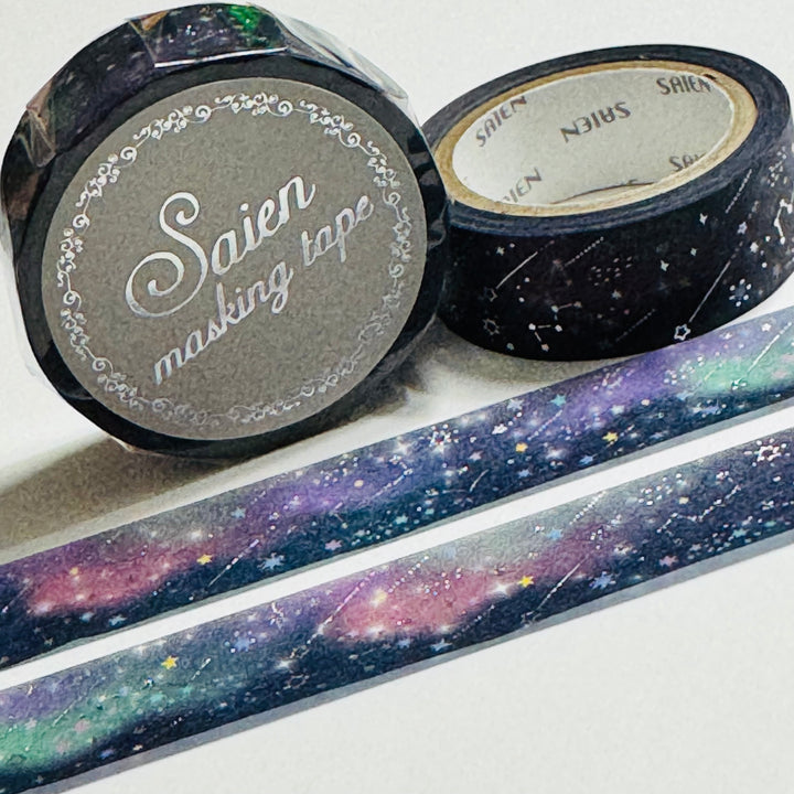 PLANETARIUM SHOOTING STARS SILVER Foil Saien Masking Washi Tape ~ 1 Roll ~ 15mm x 7m (23 Feet)
