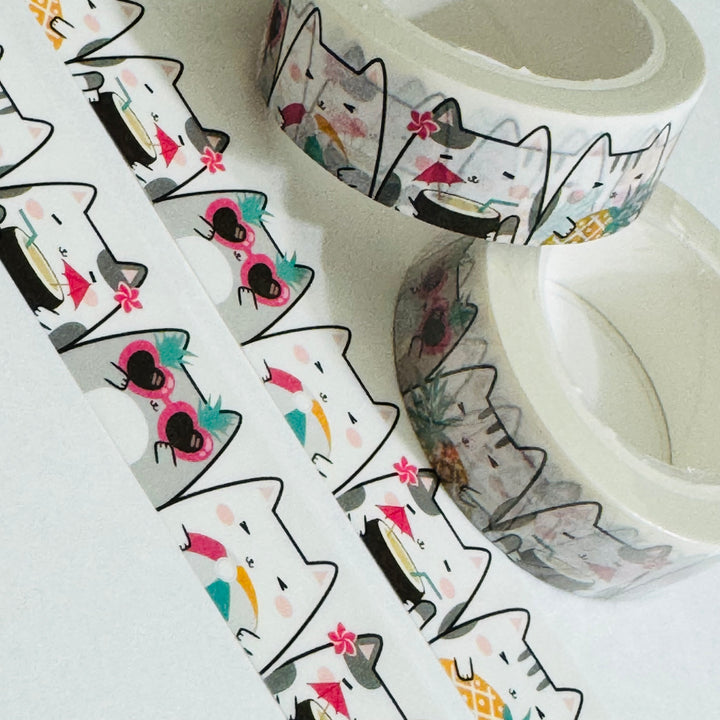 TROPICAL VACATIONING CATS Washi Tape - 1 Roll - 15mm x 10m (33 Feet)