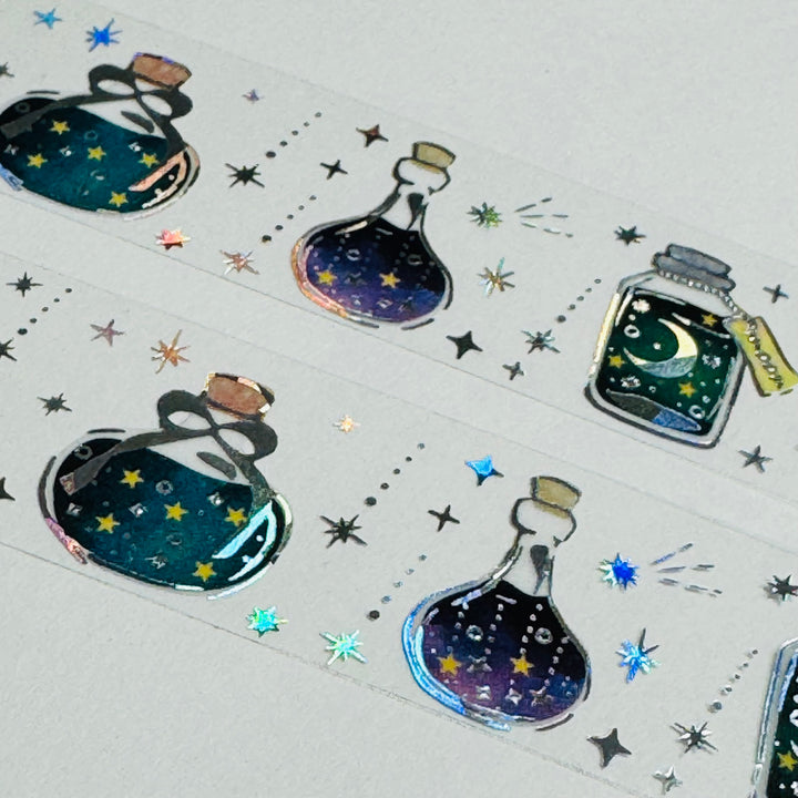 STARRY SKY BOTTLES Of POISON Silver Foil Saien PET Washi Tape ~ 1 Roll ~ 20mm x 3m (10 Feet)