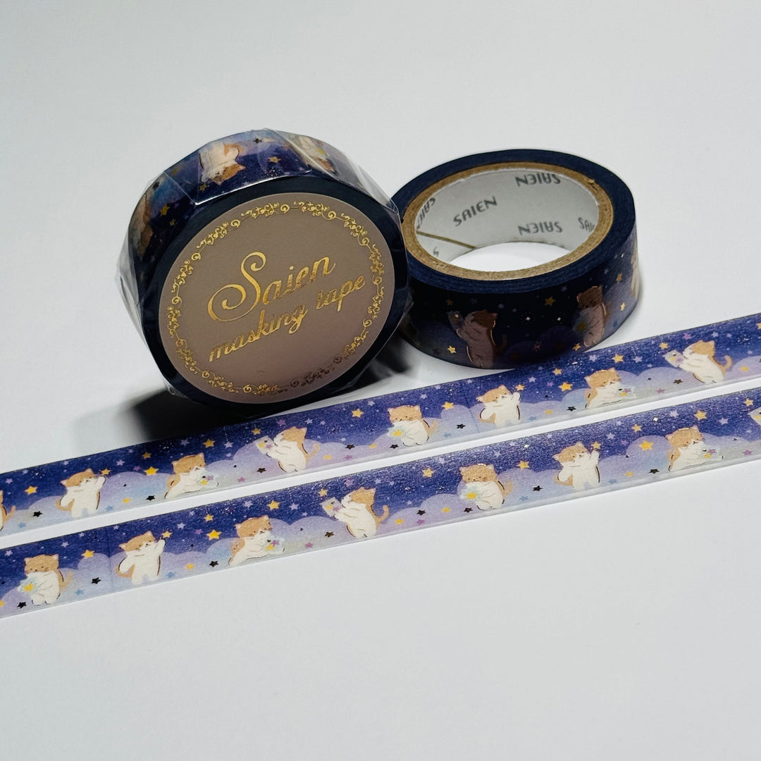 TEDDY BEARS PICKING STARS Saien Gold Foil Christmas Masking Washi Tape ~ 1 Roll ~ 15mm x 7m (23 Feet)