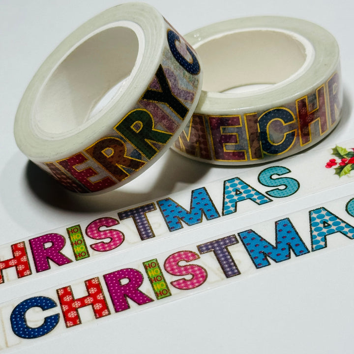 BLOCK LETTERS MERRY CHRISTMAS Gold Foil Washi Tape ~ 1 Roll ~ 15mm x 10m (33 Feet)