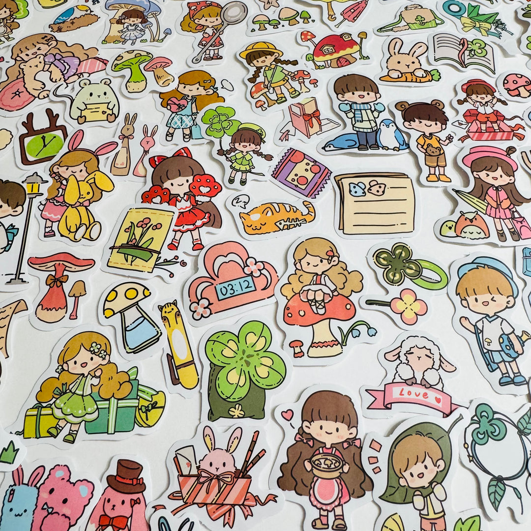 CUTE CARTOON GIRL PLAYTIME PVC Peelable Stickers  ~ 80 Pieces ~ 10-40mm Each