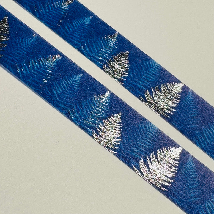 FERNS NOTES BLUES SILVER FOIL LEAVES Paris Collection Saien Washi Tape ~ 1 Roll ~ 15mm x 7m (23 Feet)