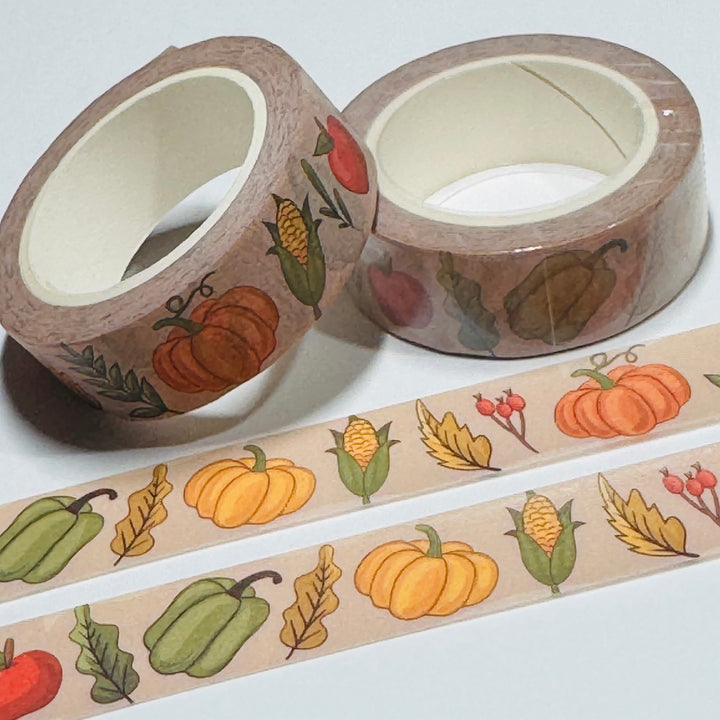 HARVEST ESSENTIALS CORN PUMPKINS & APPLES Washi Tape ~ 1 Roll ~ 15mm x 10m (33 Feet)