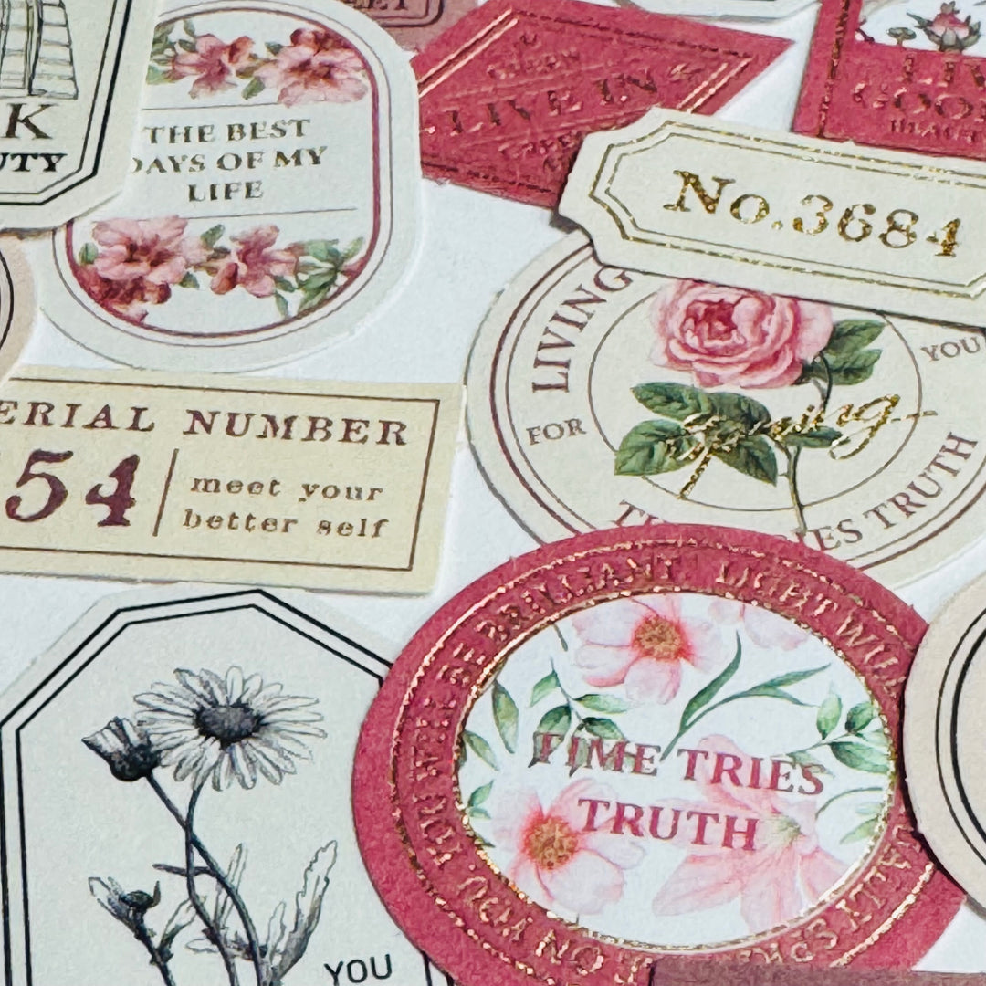 RECORD MY LIFE MOMENTS Gold Foil Label Stickers Box ~ 40 Stickers ~ 46-57mm Each