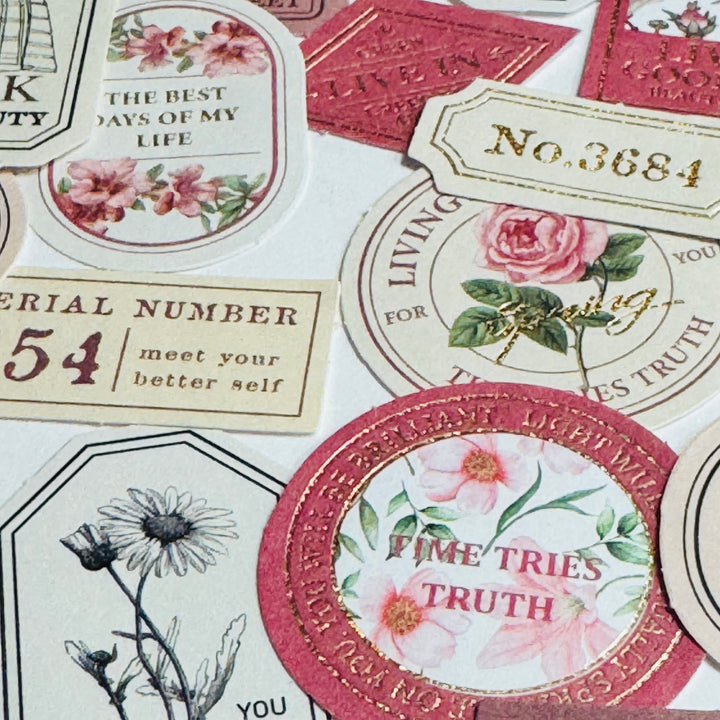 RECORD MY LIFE MOMENTS Gold Foil Label Stickers Box ~ 40 Stickers ~ 46-57mm Each