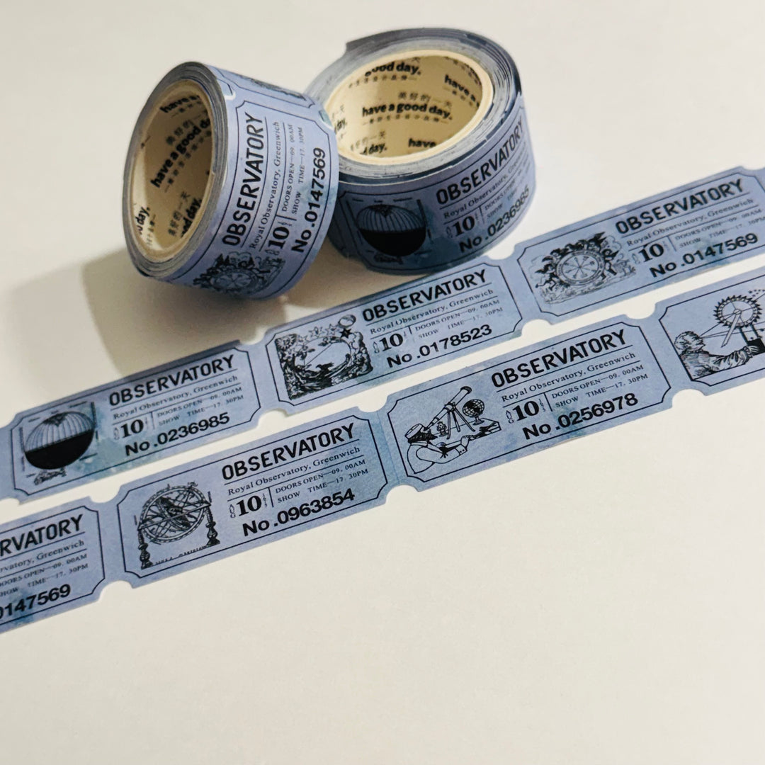 OBSERVATORY EXHIBITION ASTRONOMY Blue Kraft Tickets Washi Tape ~ 1 Roll ~ 25mm x 3m (10 Feet)