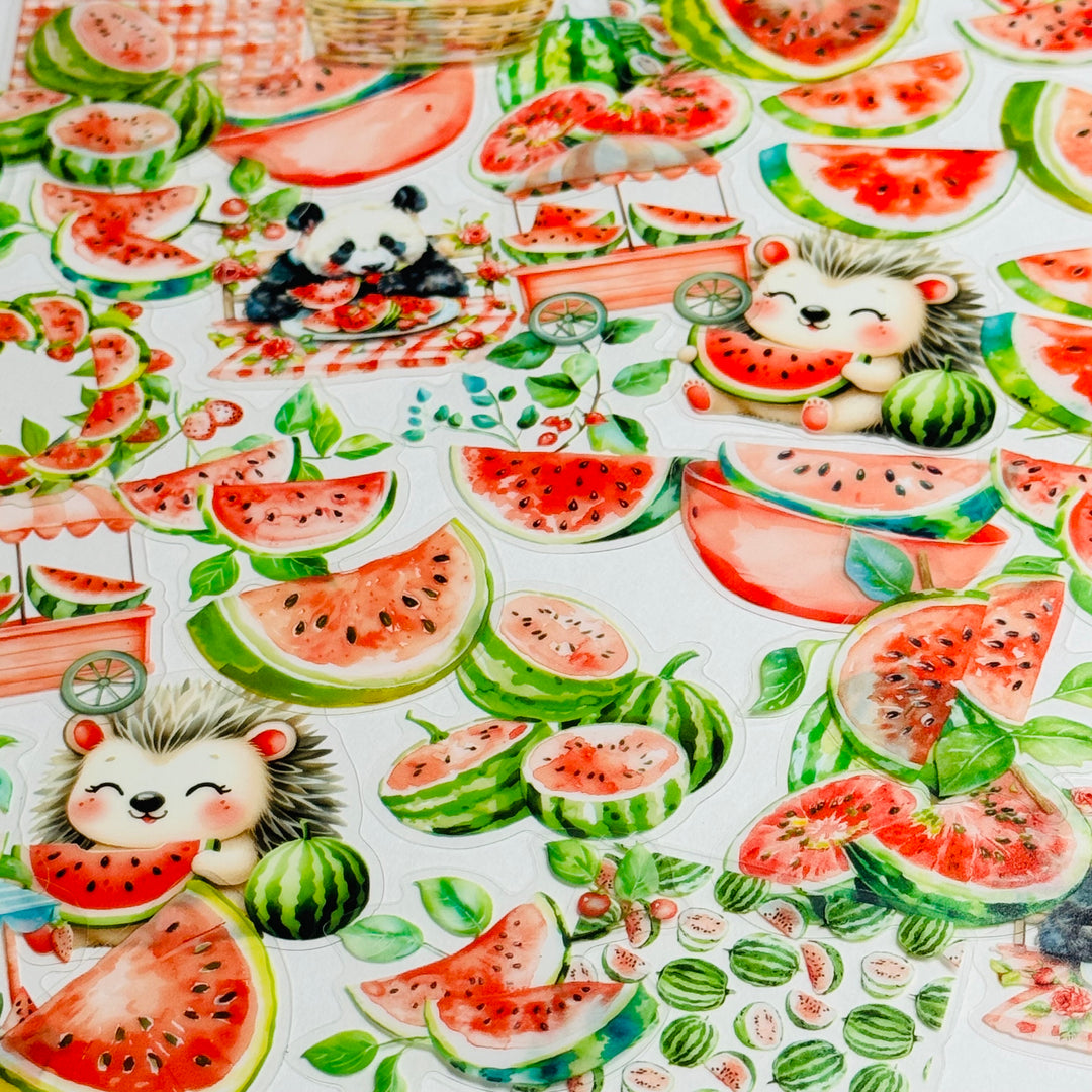 WATERMELON DELIGHT PANDA & HEDGEHOG FAVORITES Peelable Stickers  ~ 40 Pieces ~ Each Sticker is 25-45mm