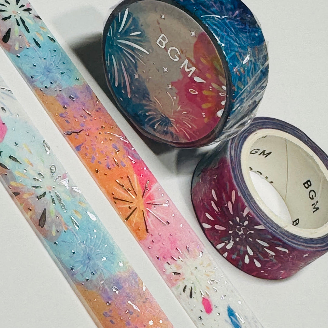 PATRIOTIC FIREWORK DISPLAY Silver Foil Planetary Washi Tape By BGM ~ 1 Roll ~ 15mm x 5m (16 Feet)