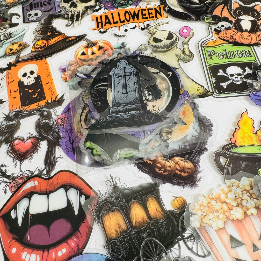 A TASTE OF MACABRE Halloween Peelable PET Stickers  ~ 50 Pieces ~ Each Sticker is 30 - 60mm