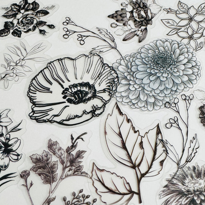 MONOCHROMATIC BLACK SKETCHED Flowers Transparent Peelable Sticker Ephemera Pack ~ 60  Pieces ~ Each Sticker is  20-50mm