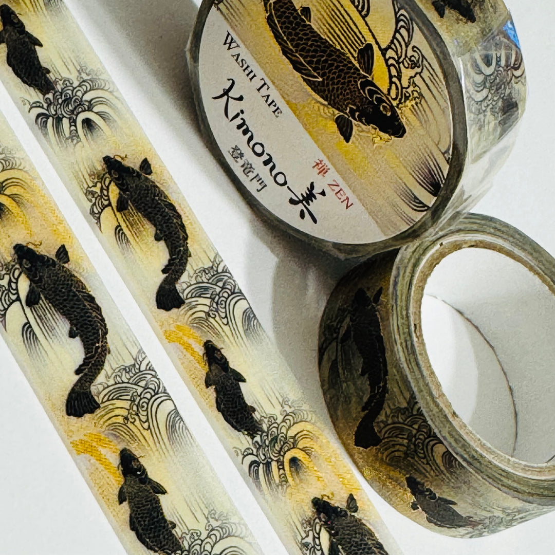 KIMONO BLACK & GOLD CARP Silver Foil Saien Washi Tape ~ 1 Roll ~ 15mm x 7m (23 Feet)