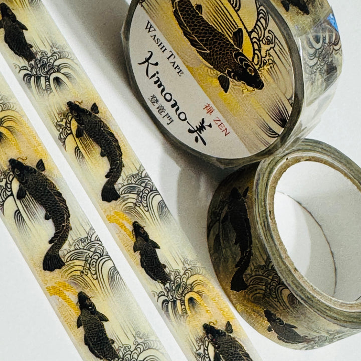 KIMONO BLACK & GOLD CARP Silver Foil Saien Washi Tape ~ 1 Roll ~ 15mm x 7m (23 Feet)